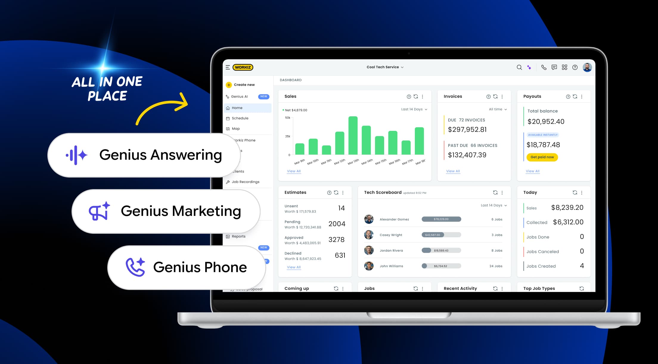 Workiz dashboard with Genius Answering, Genius Marketing, and Genius Phone features highlighted.