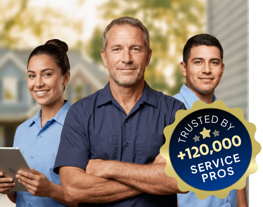 Home service professionals in Workiz uniforms with trusted badge