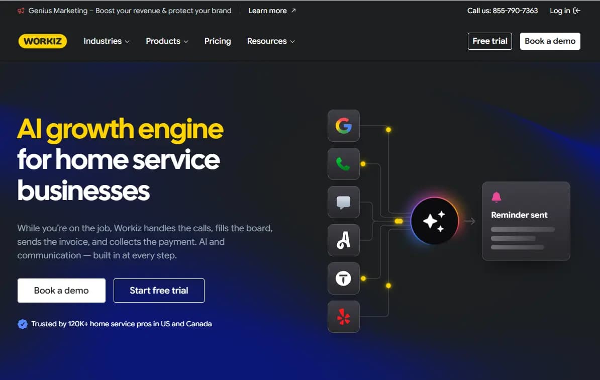 Workiz AI growth engine for home service businesses, automating calls, scheduling, invoicing, payments, and customer reminders.