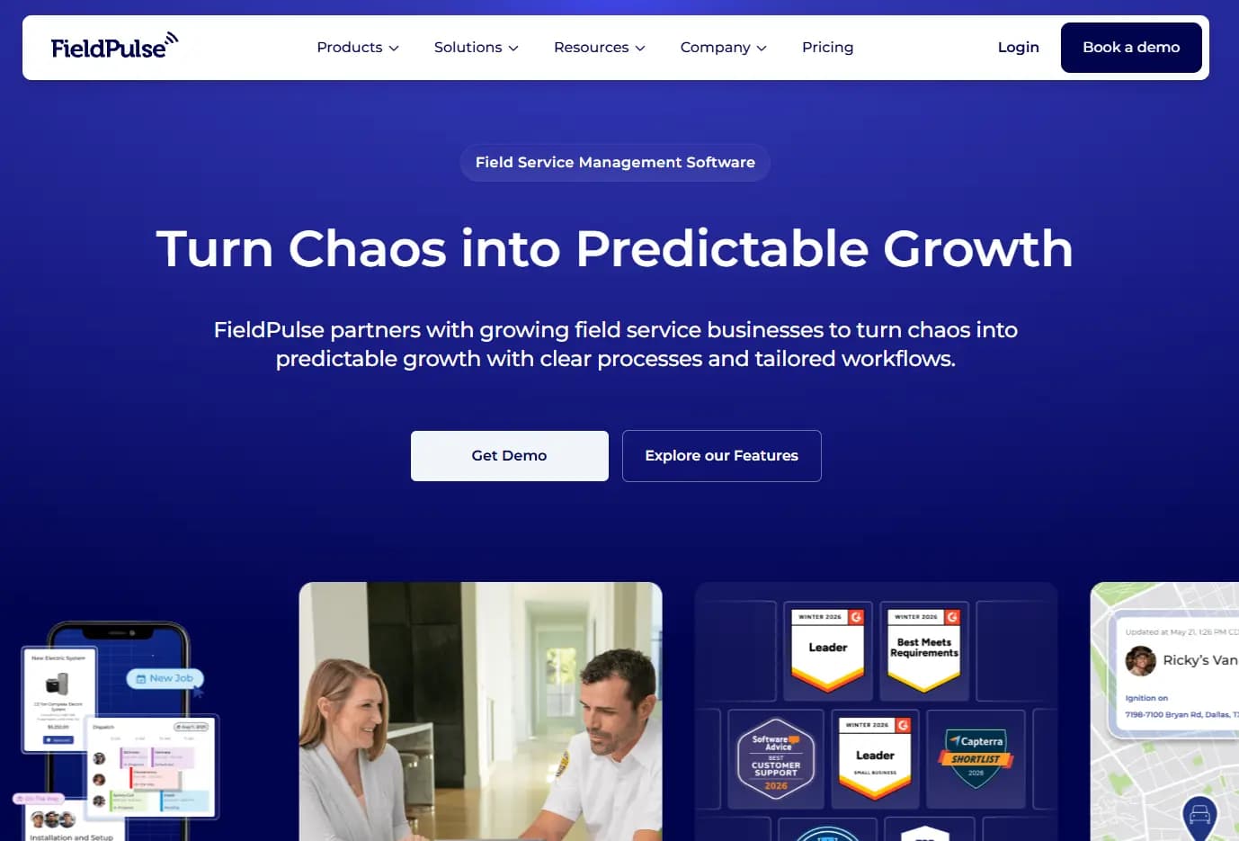 FieldPulse homepage promoting field service management software that turns business chaos into predictable growth with tailored workflows.