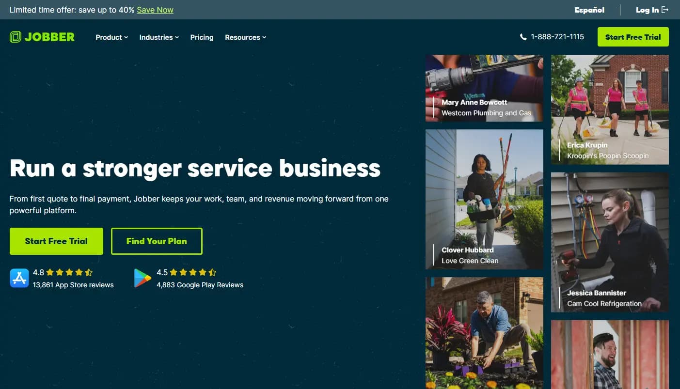 Jobber homepage promoting service business software for managing quotes, teams, work, and payments.