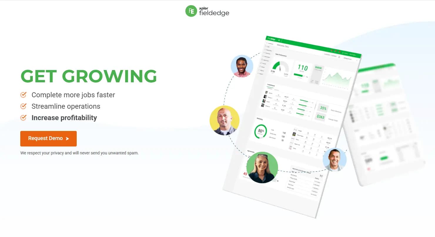 FieldEdge software dashboard promoting faster job completion, streamlined operations, and increased profitability for field service businesses.