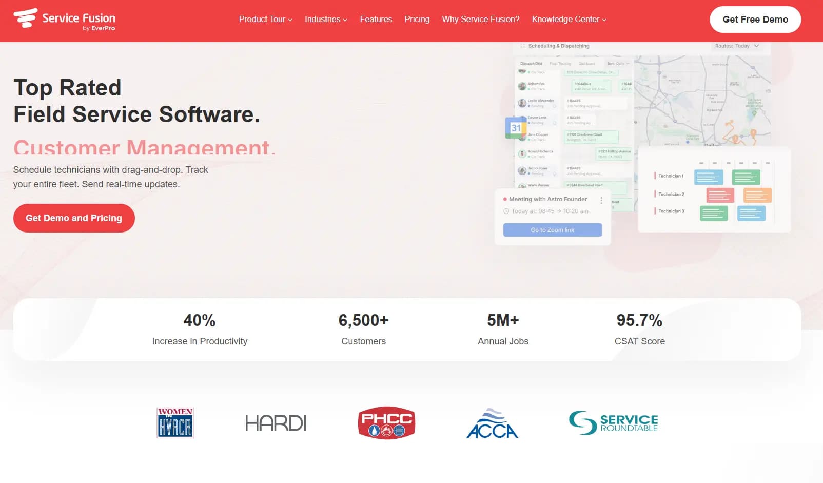 Service Fusion homepage promoting field service software for customer management, scheduling, dispatching, fleet tracking, and updates.