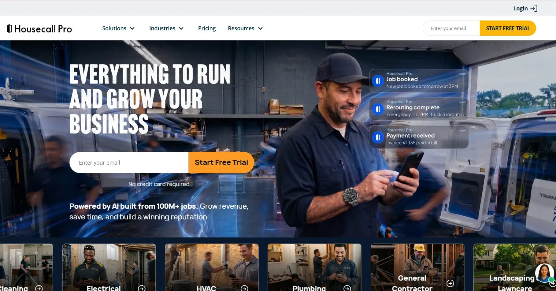 Housecall Pro homepage showing a home service professional using a phone with AI-powered job, routing, and payment notifications.