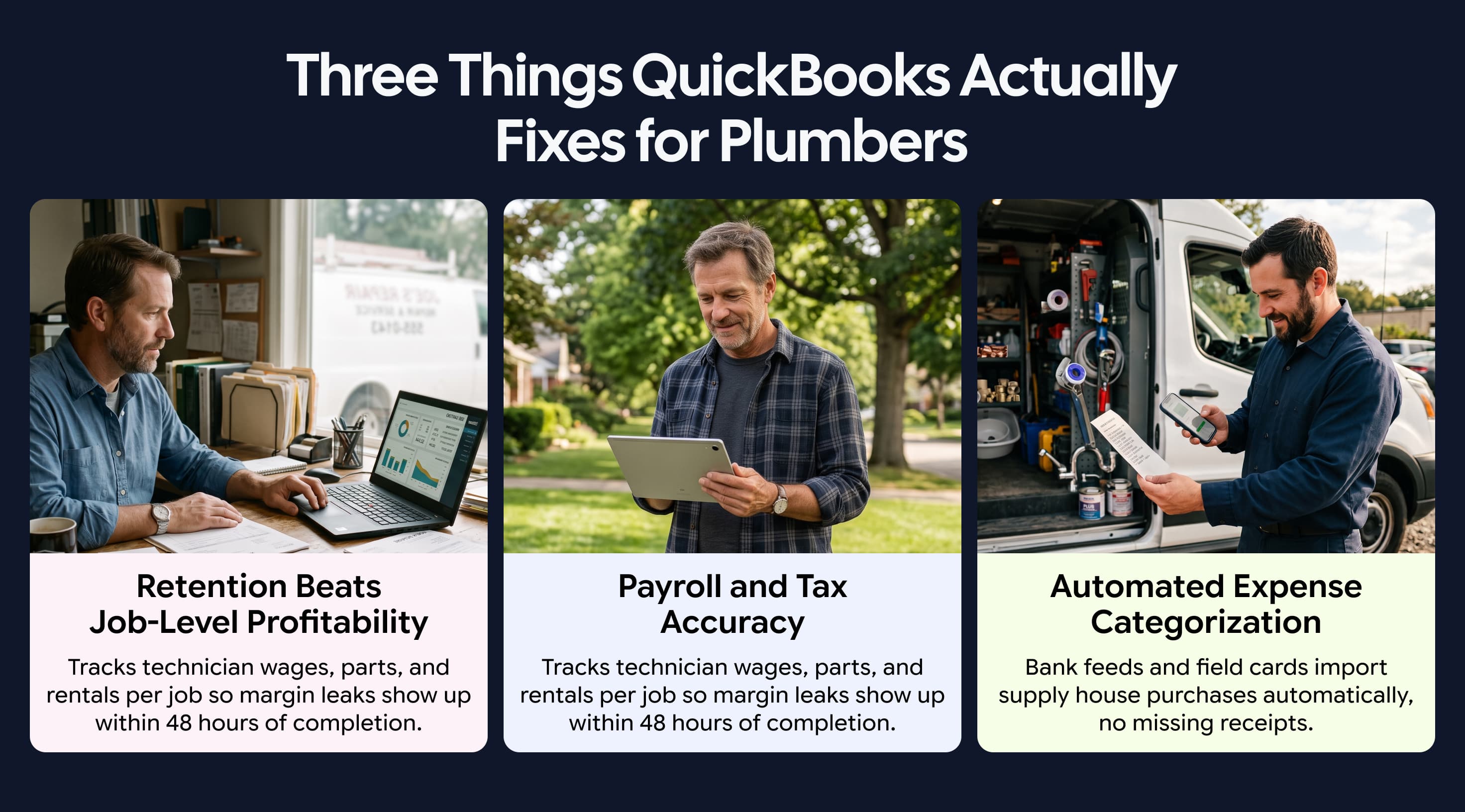 Three QuickBooks benefits for plumbers: job profitability, payroll and tax accuracy, and automated expense categorization.