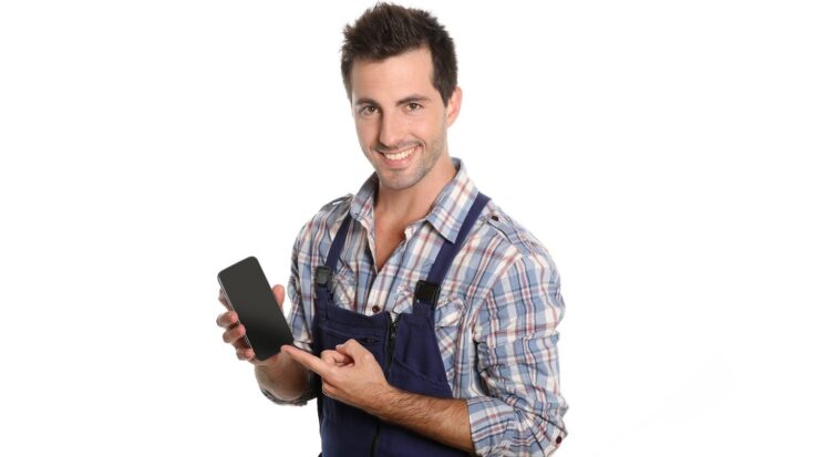 Plumber Pointing At His Phone Aspect Ratio 1472 816